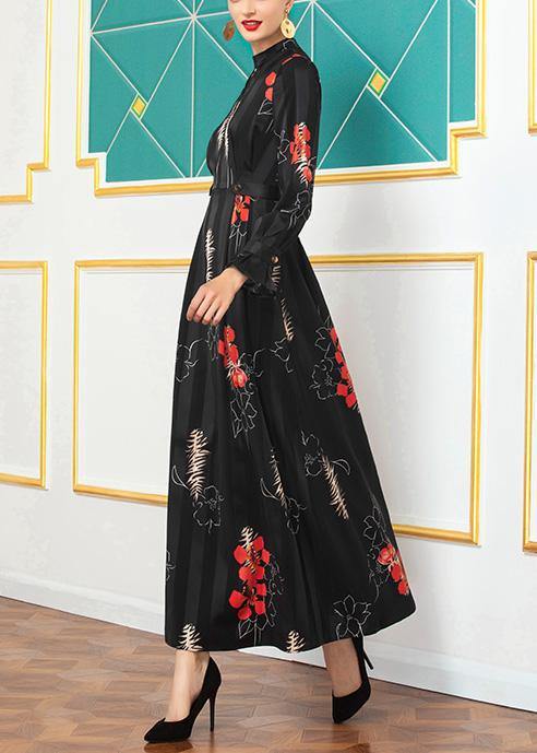 French Big Hem Cotton Prints Tunic Top Sleeve Black Long Dress