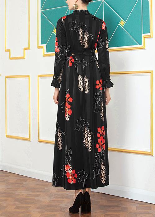 French Big Hem Cotton Prints Tunic Top Sleeve Black Long Dress