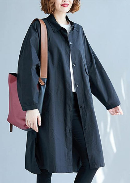 French Black Cotton Clothes Side Open Knee Fall Shirt Dress