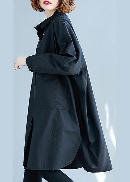 French Black Cotton Clothes Side Open Knee Fall Shirt Dress