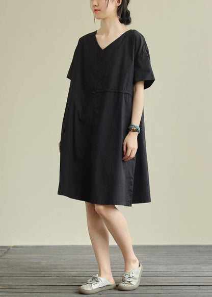 French Black Cotton Tunic Pattern V Neck Patchwork Shift Dress