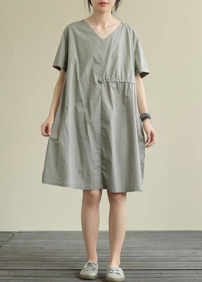 French Black Cotton Tunic Pattern V Neck Patchwork Shift Dress