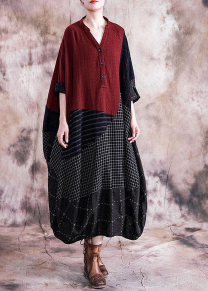 French Black Plaid Cotton Quilting Clothes V Neck Patchwork Cotton Robes Fall Dresses