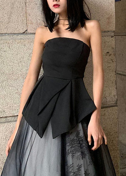 French Black Asymmetrical Design Cold Shoulder Strapless Tank Spring