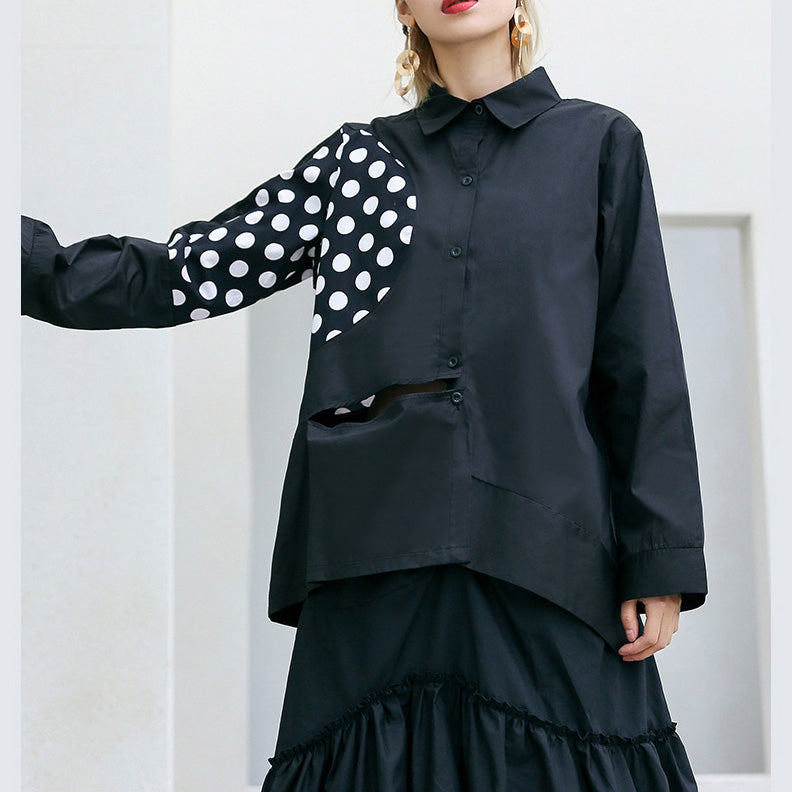 French Black Cotton Blouse Christmas Gifts Turn-down Collar Patchwork Baggy Shirts