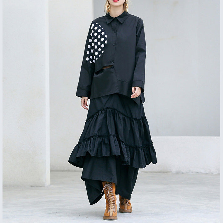 French Black Cotton Blouse Christmas Gifts Turn-down Collar Patchwork Baggy Shirts