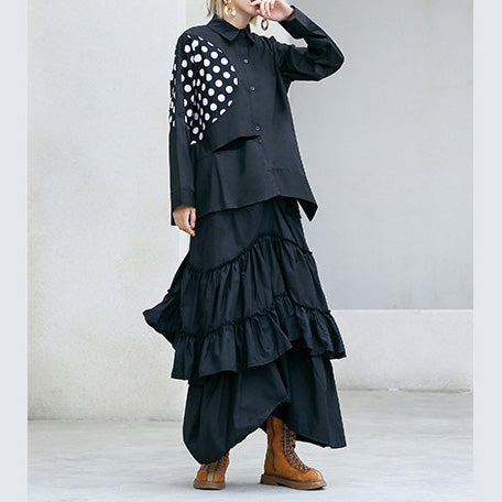 French Black Cotton Blouse Christmas Gifts Turn-down Collar Patchwork Baggy Shirts