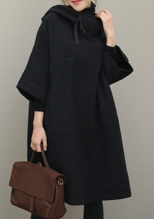 French Black Cotton Omychic Catwalk Hooded Half Sleeve Dresses