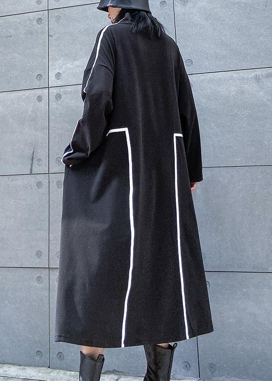 French Black Cotton Tunics Patchwork Color Cotton Stand Collar Dresses