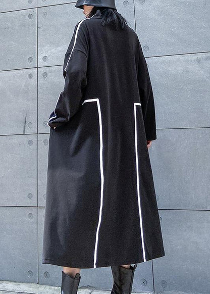 French Black Cotton Tunics Patchwork Color Cotton Stand Collar Dresses