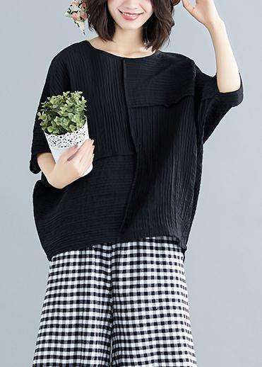 French Black Cotton Blended Clothes for Stylish Fabrics O Neck Batwing Sleeve Patchwork Loose Summer Tops
