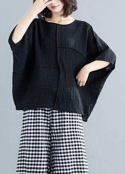 French Black Cotton Blended Clothes for Stylish Fabrics O Neck Batwing Sleeve Patchwork Loose Summer Tops