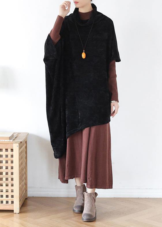 French Black Cotton Clothes for High Neck Asymmetric Daily Blouse