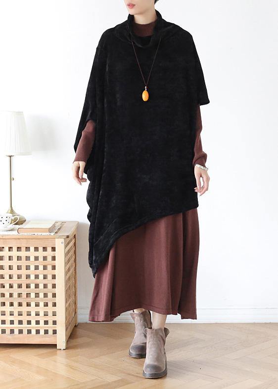 French black cotton clothes For Women high neck asymmetric daily blouse