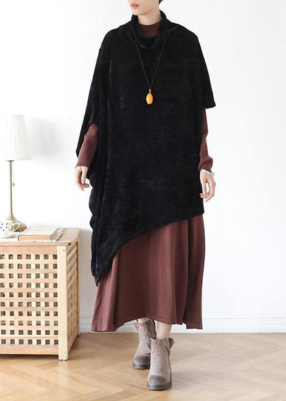 French black cotton clothes For Women high neck asymmetric daily blouse