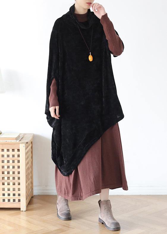 French Black Cotton Clothes for High Neck Asymmetric Daily Blouse