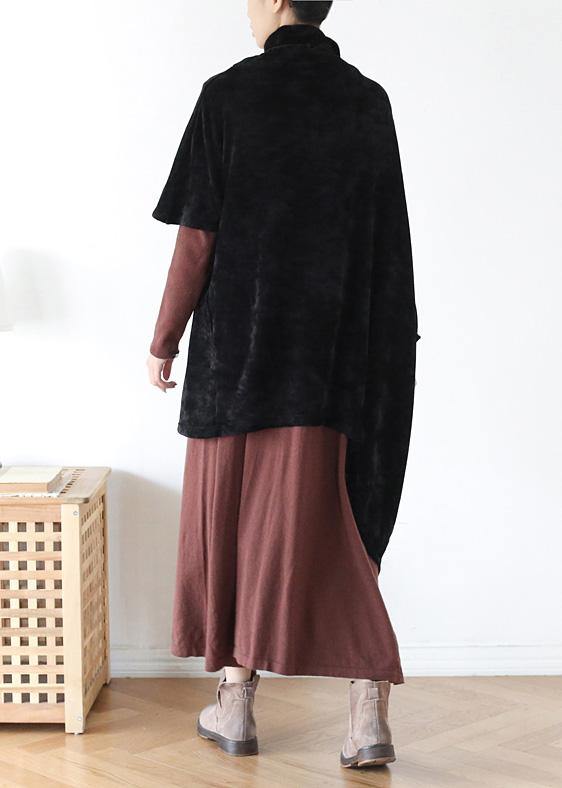 French Black Cotton Clothes for High Neck Asymmetric Daily Blouse