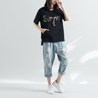 French Black Cotton Clothes for Stylish Work Outfits O Neck Letter Silhouette Top