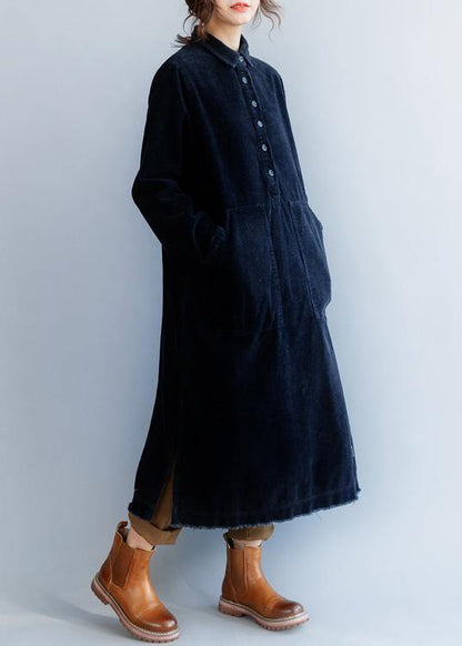 French Black Cotton Clothes Side Open Lapel Collar Dress