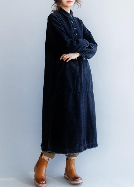 French Black Cotton Clothes Side Open Lapel Collar Dress