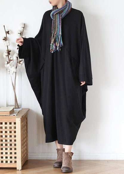 French Black Cotton Dresses Lapel Patchwork Fall Dress