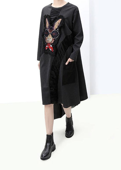 French Black Cotton Quilting Dresses Fall Asymmetric Patchwork Dress