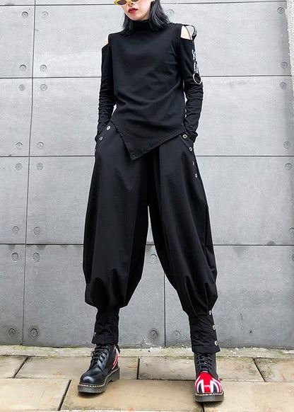 French black cotton shirts women asymmetric hollow out Art top