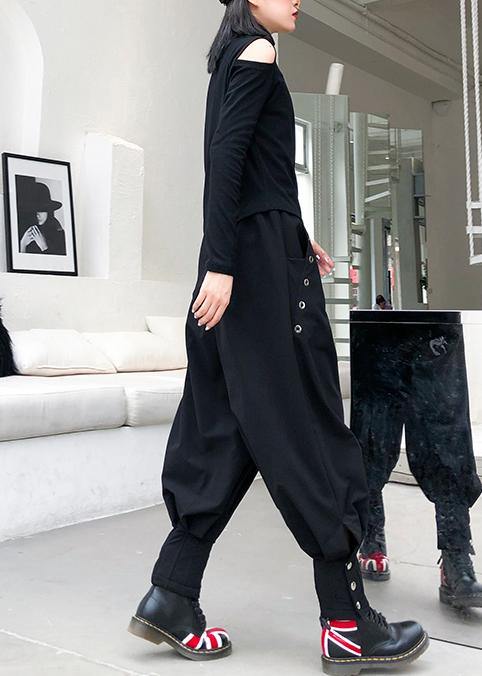 French Black Cotton Shirts Asymmetric Hollow Out Art Top