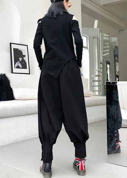 French black cotton shirts women asymmetric hollow out Art top