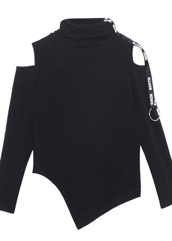 French black cotton shirts women asymmetric hollow out Art top