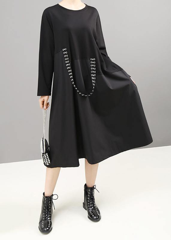 French Black Cotton Tunic Dress Patchwork Cotton Robes O Neck Dresses