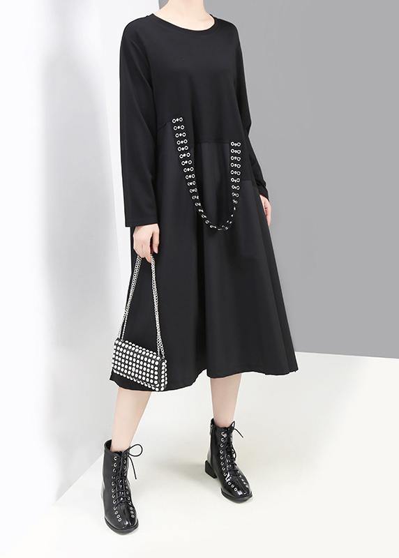 French Black Cotton Tunic Dress Patchwork Cotton Robes O Neck Dresses