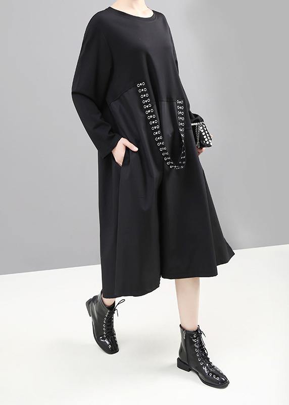 French Black Cotton Tunic Dress Patchwork Cotton Robes O Neck Dresses