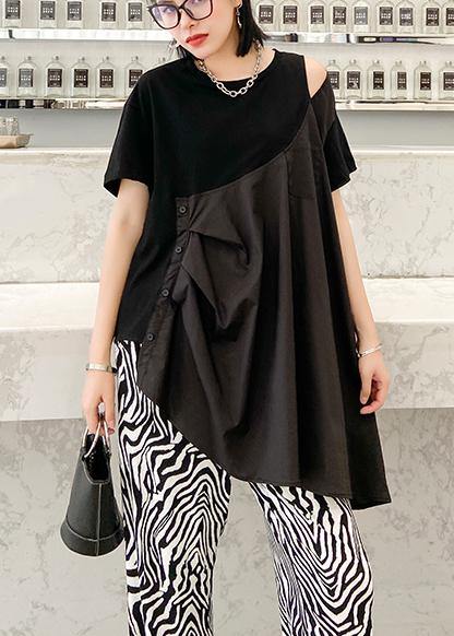 French Black Cotton Tunic Top O Neck Patchwork Baggy Shirts