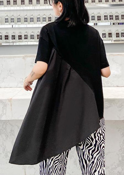 French Black Cotton Tunic Top O Neck Patchwork Baggy Shirts