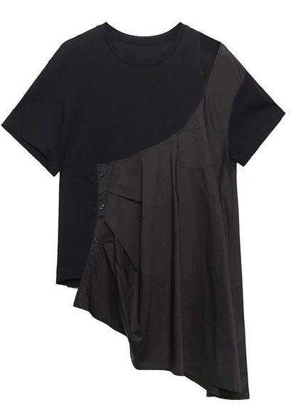 French Black Cotton Tunic Top O Neck Patchwork Baggy Shirts