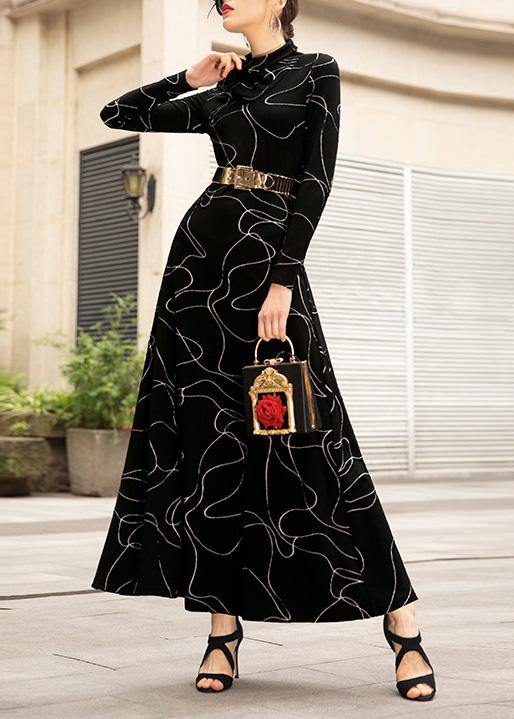 French Black Cotton Tunic Top Wild High Neck Dresses