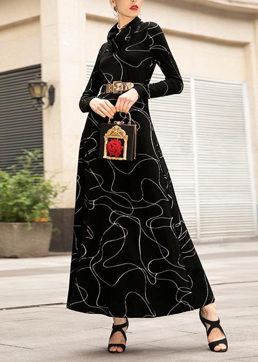 French Black Cotton Tunic Top Wild High Neck Dresses