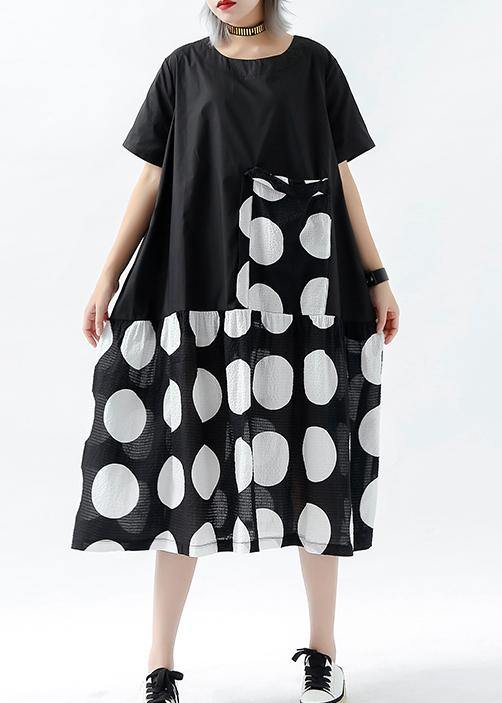 French Black Dotted Linen Cotton Tunic Top Patchwork Pockets Clothing Summer Dress