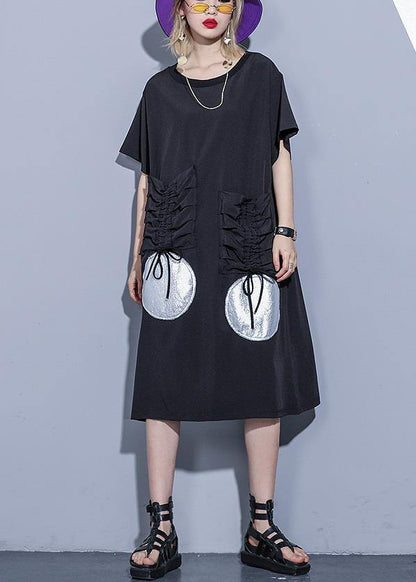 French Black Half Sleeve Cotton Pockets Drawstring Tunic Summer Dress