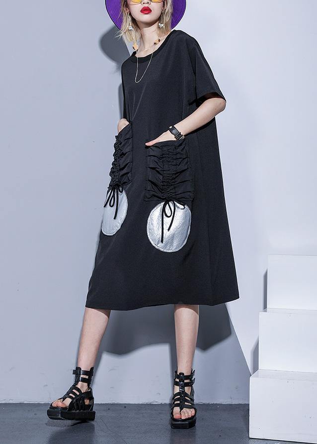 French Black Half Sleeve Cotton Pockets Drawstring Tunic Summer Dress