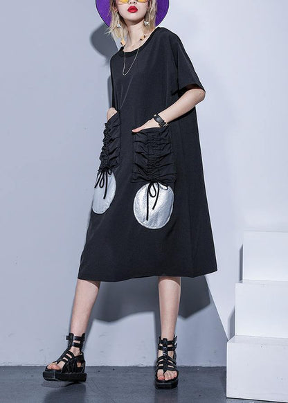 French Black Half Sleeve Cotton Pockets Drawstring Tunic Summer Dress