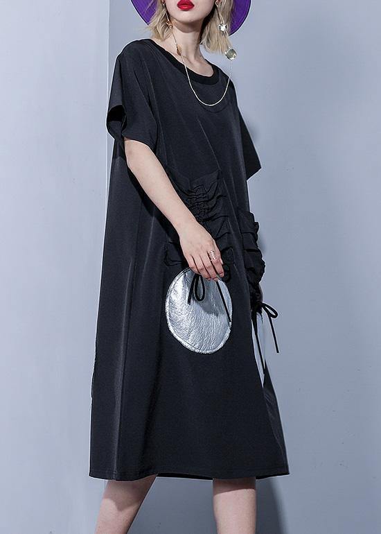 French Black Half Sleeve Cotton Pockets Drawstring Tunic Summer Dress