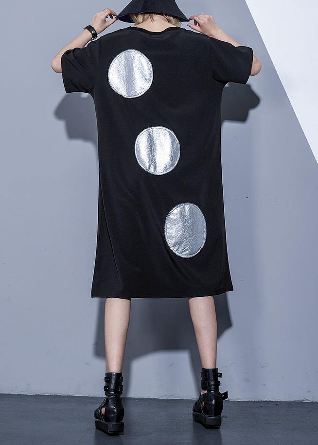 French Black Half Sleeve Cotton Pockets Drawstring Tunic Summer Dress