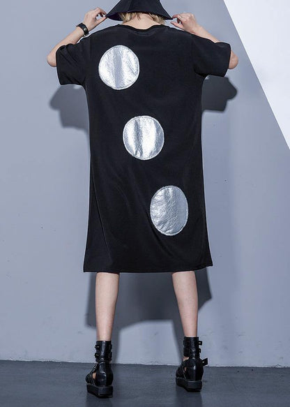 French Black Half Sleeve Cotton Pockets Drawstring Tunic Summer Dress