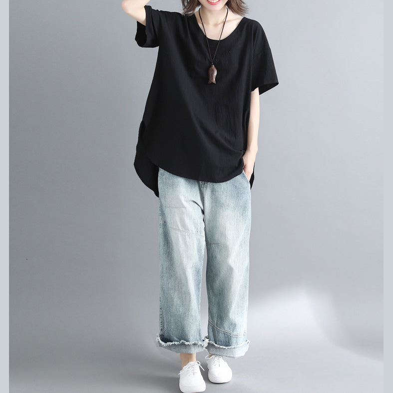 French Black Linen Long Shirts Design O Neck Tops