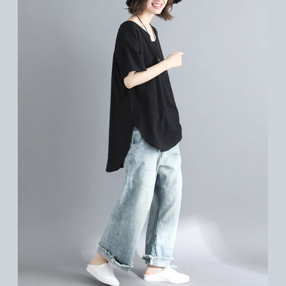 French Black Linen Long Shirts Design O Neck Tops