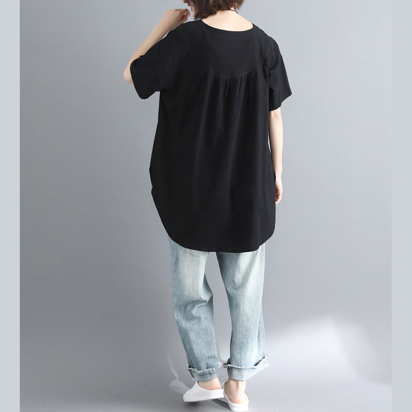 French Black Linen Long Shirts Design O Neck Tops