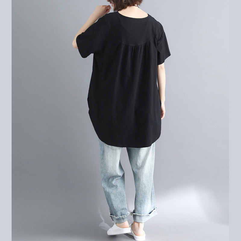 French Black Linen Long Shirts Design O Neck Tops