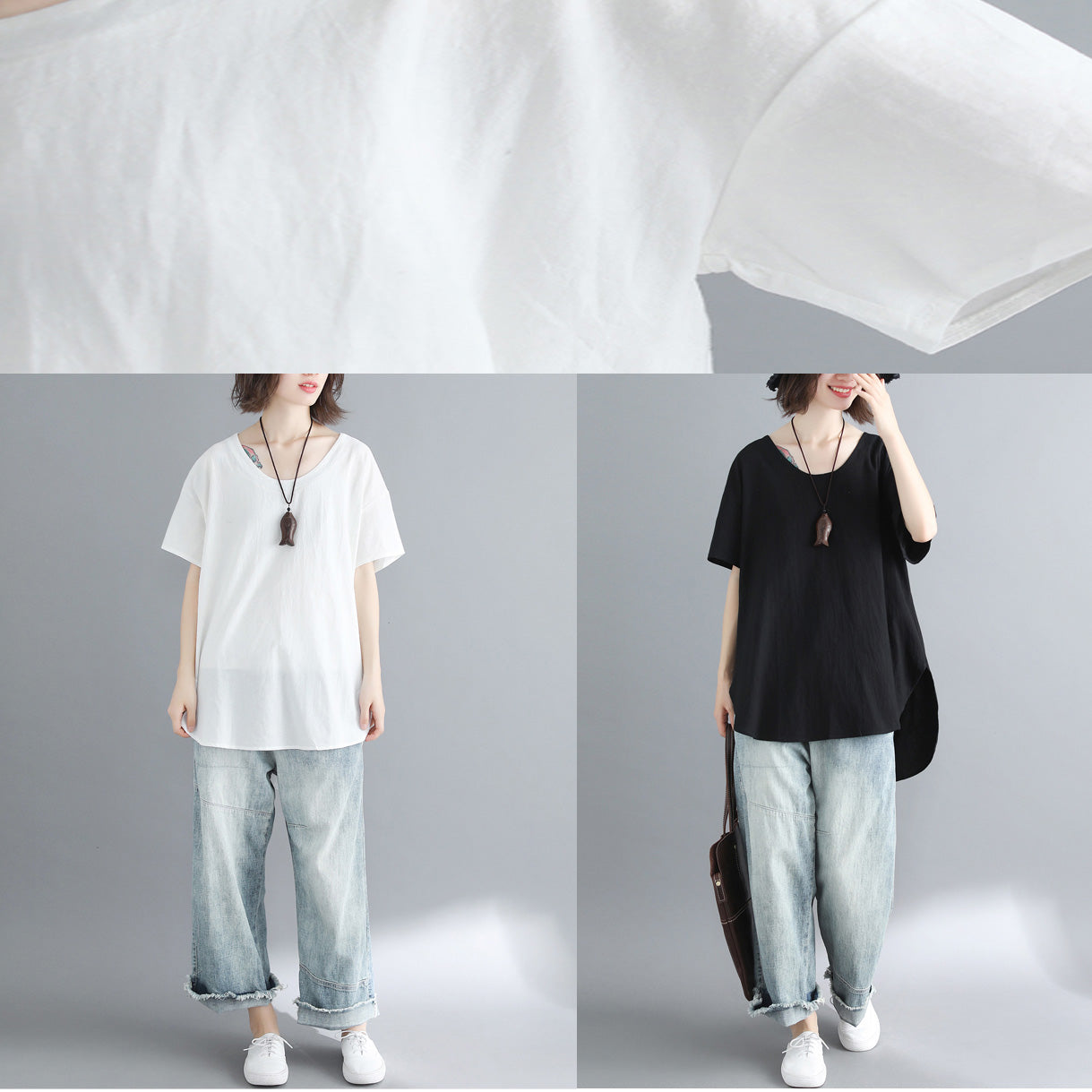French Black Linen Long Shirts Design O Neck Tops